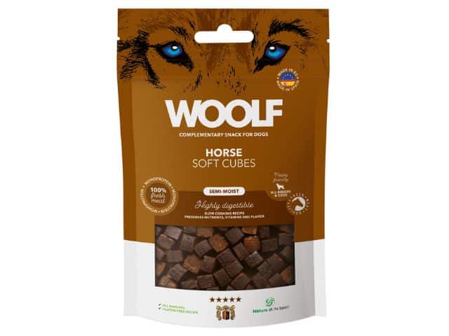 Woolf Soft Cubes Hest – hundegodbid med 85 % hest, velegnet til træning og sensitive maver.