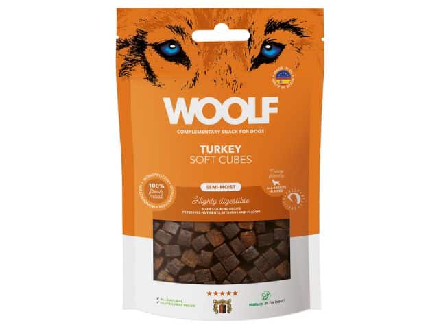 Woolf Soft Cubes Kalkun – bløde hundegodbidder med 85 % kalkun, velegnet til træning og følsomme maver.